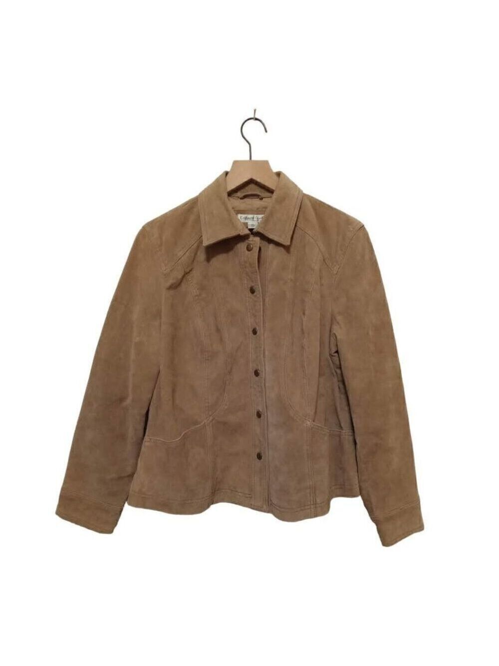 Coldwater Creek Tan Genuine Leather Suede Snap Front Long Sleeve Jacket Sz PL